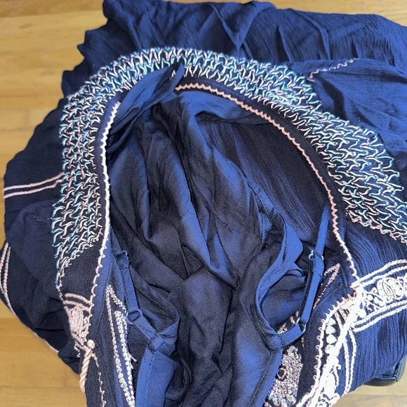 Free People Tunic Dress M Boho Black Embroidered Tassel Peasant LS Top‎ Paisley - Picture 6 of 10